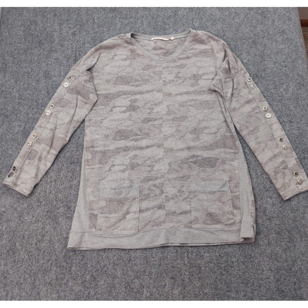 Soft Surroundings‎ Tunic Sweater Womens Medium Gray Camo Button Sleeves Pockets